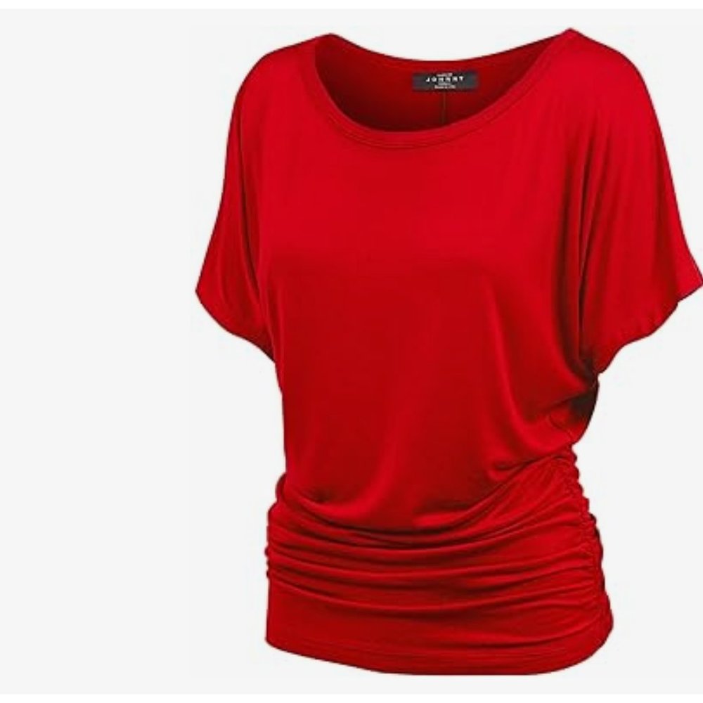 Made by Johnny Women's Red Short Sleeve Boat Neck Dolman Top Side Shirring